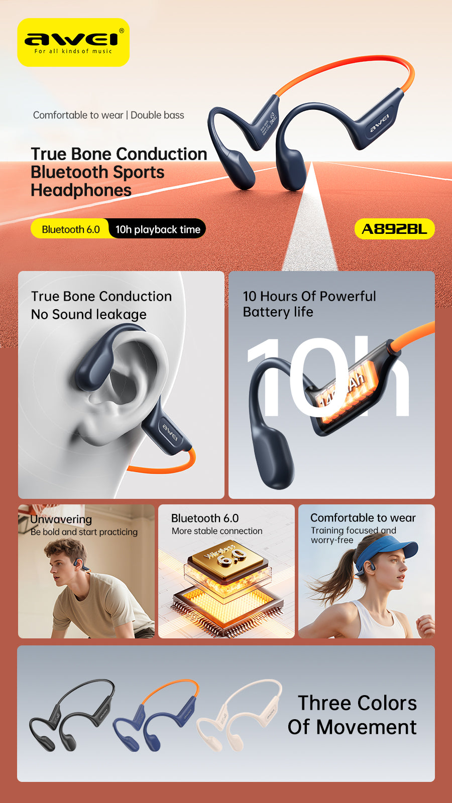 หูฟัง Awei Aeroswim S100 (32GB, กันน้ำ IP68 สำหรับว่ายน้ำ)
