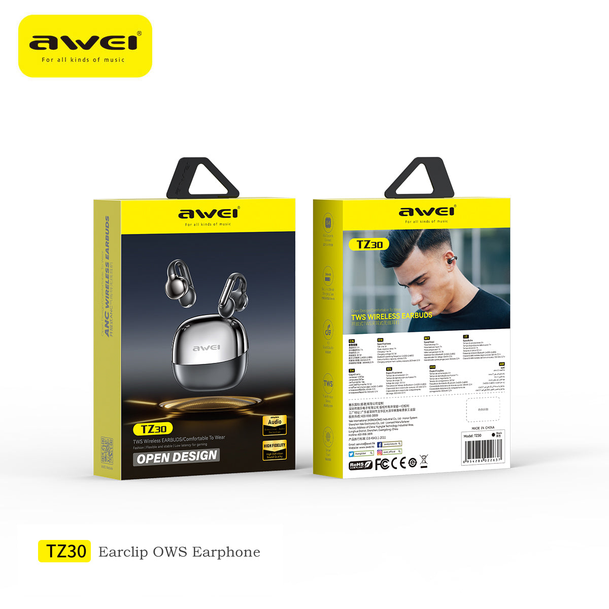 หูฟัง AWEI TZ30 (ดีไซน์ OWS, หูฟังแบบหนีบ, ไมโครโฟนคู่พร้อมระบบตัดเสียงรบกวน ENC)